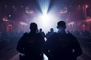 Crowd in front of concert stage lights and smoke, back view photo