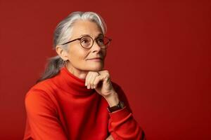 Portrait of a beautiful senior woman in glasses on a red background Ai Generated photo