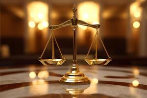 Scales of justice on table in courtroom. Law and justice concept Ai Generated photo