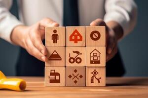 Wooden blocks with different icons on table, closeup. Choice concept photo