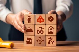 Wooden blocks with different icons on table, closeup. Choice concept Ai Generated photo