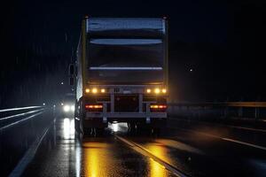 camión conducción en el la carretera a noche con niebla. concepto de carga transporte. ai generado foto