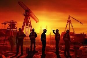Silhouette of workers in the background of a construction site. photo