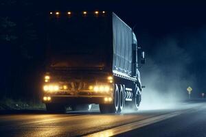 camión conducción en el la carretera a noche con niebla. concepto de carga transporte. ai generado foto