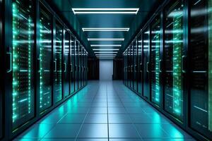Dark server room data center interior with bright lights. 3D Rendering photo