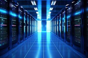 Dark server room data center interior with bright lights. 3D Rendering photo
