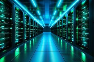 Dark server room data center interior with bright lights. 3D Rendering photo