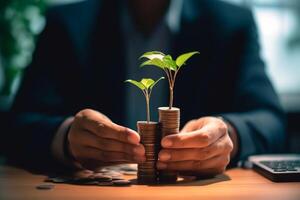 Businessman holding a small plant in a pot. Concept of new life. Ai Generated photo