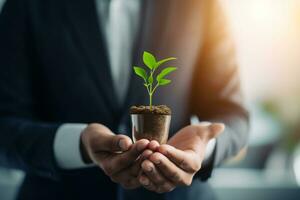 empresario participación un pequeño planta en un maceta. concepto de nuevo vida. ai generado foto