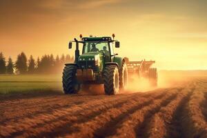 Tractor on the field. Tractor on the field. Tractor at sunset. Ai Generated photo