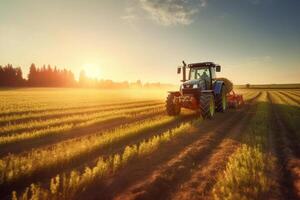 Tractor on the field. Tractor on the field. Tractor at sunset. photo