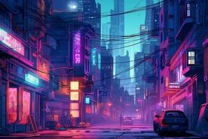 The neon-lit streets of a cyberpunk anime night city with this