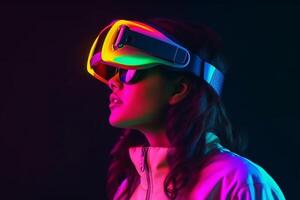 Portrait of a beautiful young woman in virtual reality glasses on a dark background. Ai Generated photo