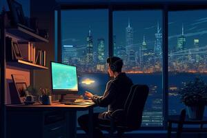 Young man working on computer at night in office. 3D rendering photo