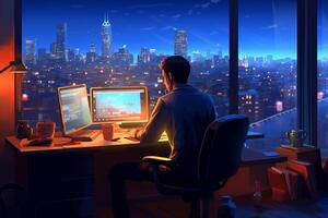 Young man working on computer at night in office. 3D rendering photo