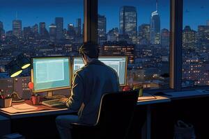 Young man working on computer at night in office. 3D rendering photo