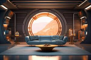Interior of a living room with two leather sofas illuminated by blue neon lights 3D rendering photo