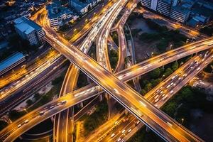 aéreo ver de Autopista en ciudad a noche para transporte antecedentes. ai generado foto