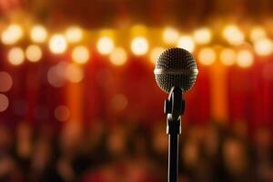 Microphone in concert hall or conference room with bokeh background Ai Generated photo