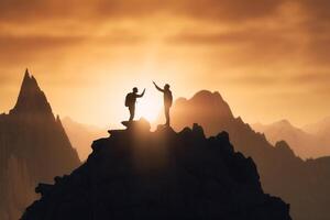 Silhouette of two men with backpacks on the top of the mountain. photo