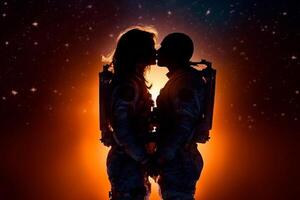 astronauta Pareja besos en el antecedentes de el noche cielo. ai generado foto