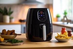 Modern electric coffee machine and french fries in the kitchen at home. Ai Generated Ai Generated photo