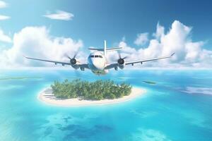 Airplane flying over tropical island. 3d render. Travel and tourism concept Ai Generated photo