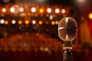 Microphone in concert hall or conference room with bokeh background Ai Generated photo