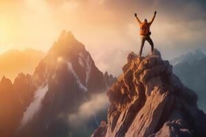 Hiker with backpack standing on top of a mountain and enjoying the view photo