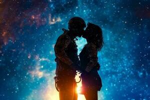 Astronaut couple kissing on the background of the night sky. Ai Generated photo