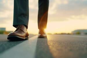 Low section of businessman standing on road at sunset, low angle view Ai Generated photo