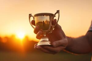 de cerca de un trofeo en el manos de un hombre a puesta de sol ai generado foto