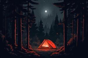 Tent in the dark forest at night with a full moon. 3D Rendering photo