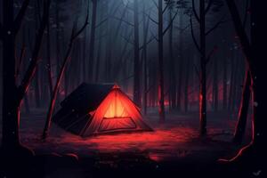 Tent in the dark forest at night with a full moon. 3D Rendering Ai Generated photo