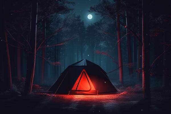 Forest at night, green night sky, light stars, big full