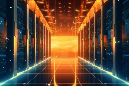 3d representación de futurista servidor habitación con brillante luces y datos en el pared ai generado foto