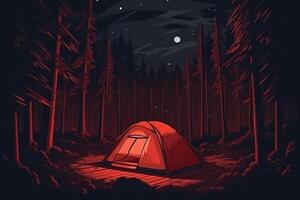 Tent in the dark forest at night with a full moon. 3D Rendering photo