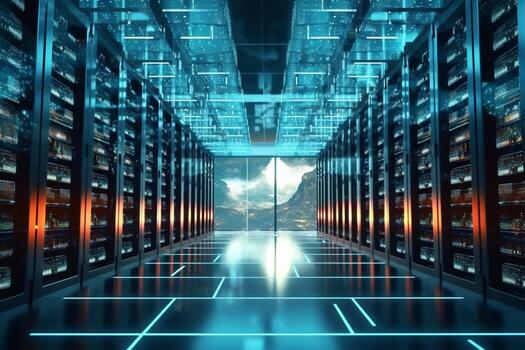 3d representación de futurista servidor habitación con brillante luces y datos en el pared ai generado foto