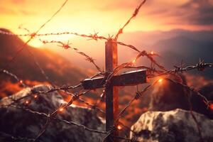 Cross on the top of the mountain at sunset. 3d render photo