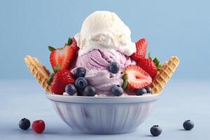 Ice cream with fresh berries in waffle cone on table, closeup Ai Generated photo