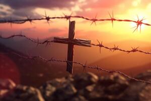 Cross on the top of the mountain at sunset. 3d render Ai Generated photo