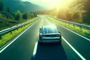 coche con solar panel en el la carretera en el montañas. 3d representación ai generado foto