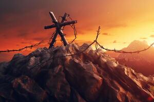 Cross on the top of the mountain at sunset. 3d render photo