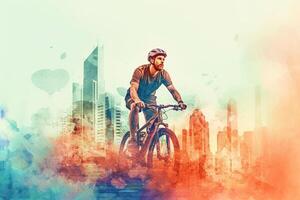 Cyclist in city with double exposure Ai Generated photo