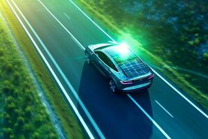 Car with solar panel on the road in the mountains. 3d rendering Ai Generated photo