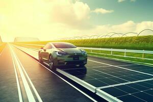 coche con solar panel en el la carretera en el montañas. 3d representación ai generado foto