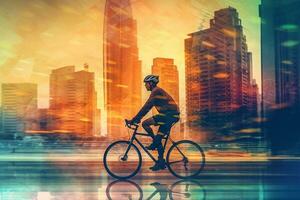 ciclista en ciudad con doble exposición ai generado foto
