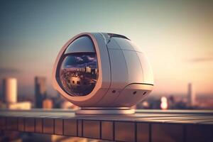 Surveillance futuristic camera on the wall. 3d render illustration. photo