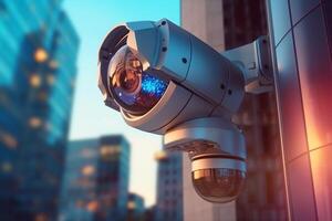 Surveillance futuristic camera on the wall. 3d render illustration. photo