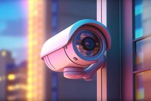 Surveillance futuristic camera on the wall. 3d render illustration. Ai Generated photo